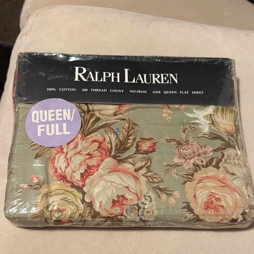 Ralph Lauren Charlotte IV Green Floral Queen Flat Sheet 200 Thread Cotton New